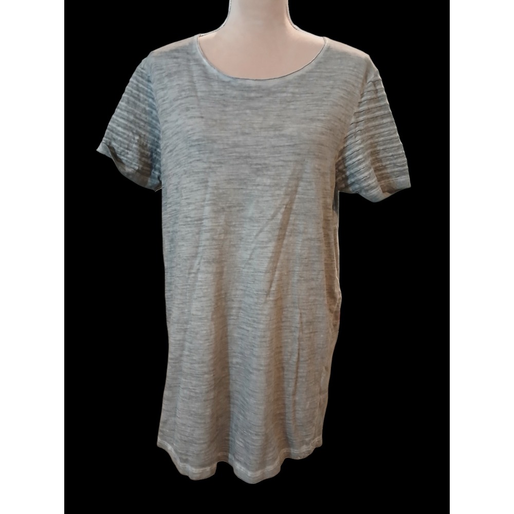 Smog L Long Fit T-Shirt Grey Cotton Slub Knit Pleated Sleeve Crew Neck L Womans